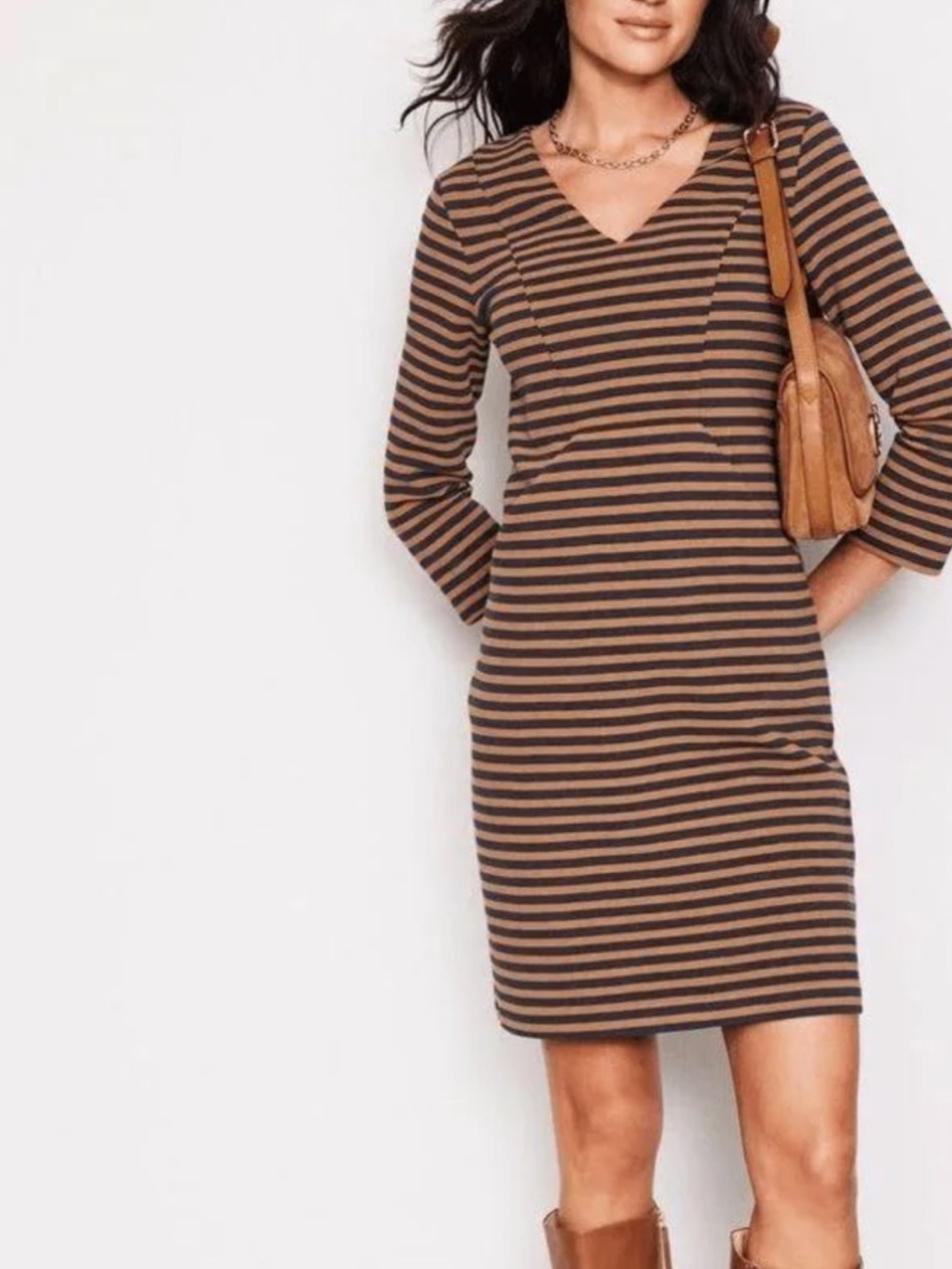 Boden Striped Brown and Navy V-Neck Knit Dress